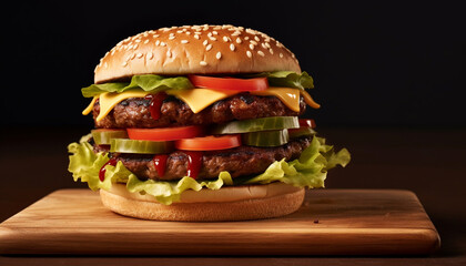 Wall Mural - Grilled cheeseburger on wooden table, ready to eat, homemade freshness generated by AI