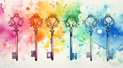 Ornate keys against a vibrant watercolor background. Concept of mystery, vintage charm, unlocking, creative design, antique keys, and historical secrets.