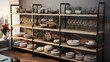 A sleek multipurpose storage rack in a dining room, displaying dishes, glassware, and serving platters, adding functionality and style to mealtime gatherings.
