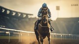 Fototapeta  - Horse and jockey in intense race competition, dust flying on the racetrack. Concept of equestrian sports, racing speed, stamina, and winning. Copy space