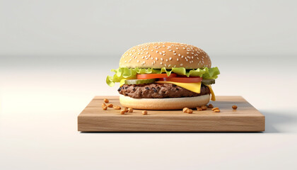 Wall Mural - Grilled cheeseburger on wooden table, ready to eat, American culture generated by AI