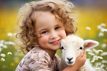 Wall Mural - Portrait of a little girl with the faces of a white sheep in a blooming field. Close-up.