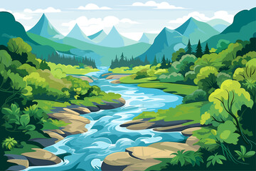 Wall Mural - landscape vector illustration of river and mountains