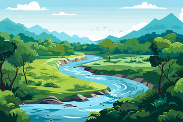 Wall Mural - landscape vector illustration of river and mountains