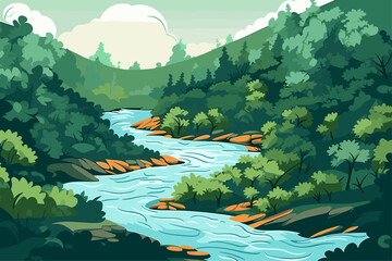 Wall Mural - Landscape Vector Illustration of River and Mountains 