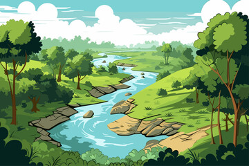 Wall Mural - landscape vector illustration of river and mountains