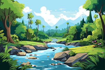 Wall Mural - beautiful nature scene with blue river and green hills
