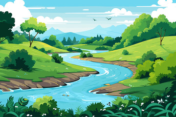 Wall Mural - landscape vector illustration of river and mountains