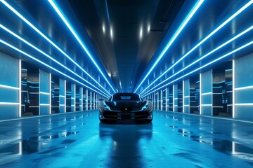 Wall Mural - Underground garage with neon blue accents, ideal for automotive advertisements or sleek design showcases.