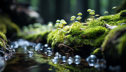 Canvas Print - Fresh green leaves on wet tree trunk generated by AI