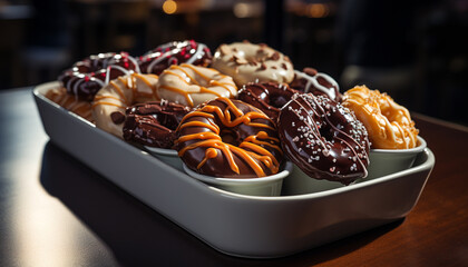 Wall Mural - Gourmet donut with chocolate icing on wooden table generated by AI