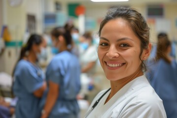 Wall Mural - female hospital nurse looking at the camera at hospital ward with coworkers in the background