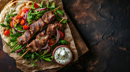 Wall Mural - Platter of meat skewered on top of wooden cutting board. Ideal for food-related projects and restaurant menus