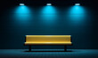 An empty yellow bench in a dark blue room with spotlights