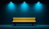 Fototapeta Miasta - An empty yellow bench in a dark blue room with spotlights