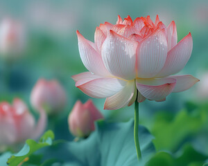 Wall Mural - Tender pink lotus with white gradation stands tall, its petals tipped with a sunrise hue, adorned with water droplets against a blurred pond setting