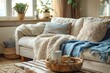cozy living room with a comfortable sofa, pillows, bedspread and plants