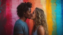 Couple. In A Bustling City Neighborhood Known For Its Vibrant Street Art, A Couple Kisses Passionately In Front Of A Mural Depicting A Rainbow Flag, Symbolizing Their Love And Pride In Their Ident