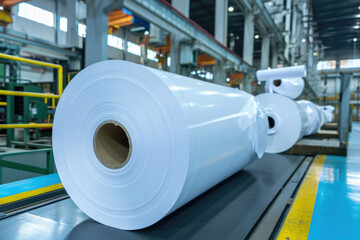 Roll of white paper on conveyor belt. Suitable for industrial, manufacturing, or packaging concepts