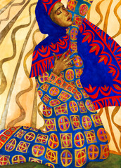 Wall Mural - Watercolor drawing of praying woman in ancient clothes