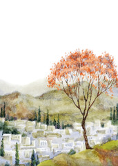 Wall Mural - Watercolor landscape. Blooming almond tree on a mountain above the city