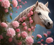 portrait of amazing beautiful  white horse jewelred by roses flowers around pink roses against blue background. Ai generated