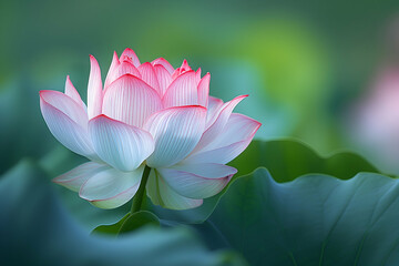 Wall Mural - Close-up of a lotus flower with white and pink petals, highlighted by the soft green hues of the background foliage