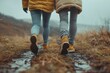 A couple walks in nature outside the city in the rain. Background with selective focus and copy space