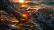 Close-up of hands shaping a heart on a tranquil beach at sunrise generative ai