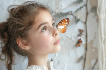 Poster - Butterfly on the girl's nose. Background with selective focus and copy space