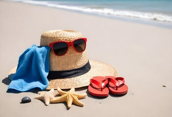 A straw hat, red flip-flops , sunglasses , a blue towel , and a wicker basket on a sandy beach with a starfish nearby