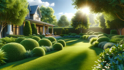 a carefully manicured lawn in the backyard of a house glowing under the warm sunlight. the bright gr