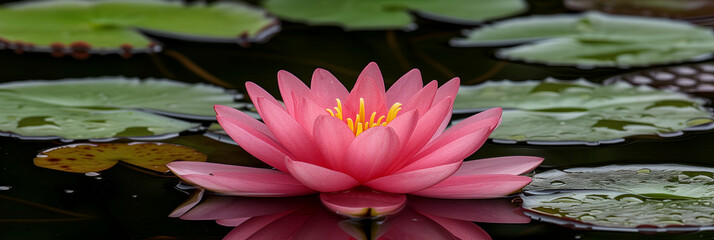 Wall Mural - Radiant pink lotus flower on dark water, with the reflection of its petals clearly visible on the water's surface