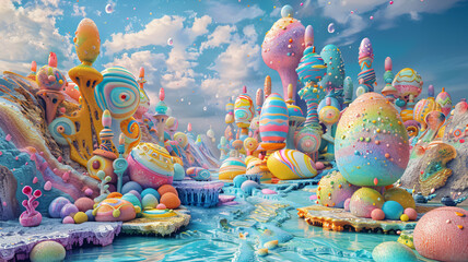Wall Mural - surreal and crazy happy easter world with colorful fantasy eggs