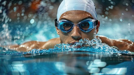 Canvas Print - Competitive men's swimmer racing in a pool