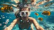A daring swimmer gracefully explores the depths of the ocean, surrounded by curious fish and equipped with goggles and diving gear, showcasing the beauty and thrill of underwater sports