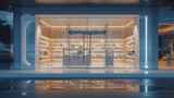 Fototapeta  - A clean and minimalist storefront with a glass entrance, logo signage, and product displays