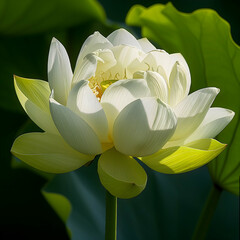 Wall Mural - White lotus flower, fully opened, revealing its intricate center against the lush green leaves in the bright daylight