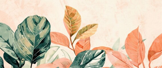 Wall Mural - an illustration of tropical leaves in different shades of pink, lime green, and orange Generative AI