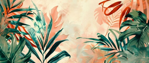 Wall Mural - tropical background in watercolor on a cream background Generative AI