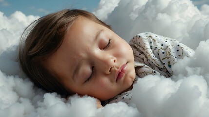 Wall Mural - A cherubic little boy nestled on a fluffy cotton ball, surrounded by soft pastel clouds and a gentle breeze