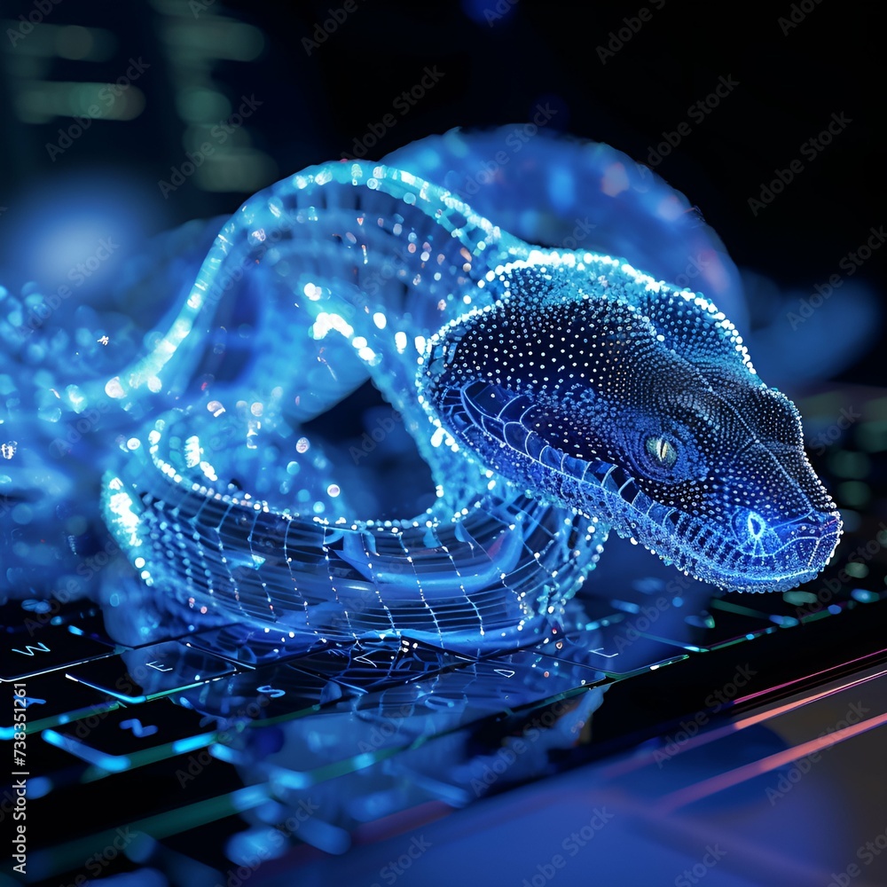 Digital Python Slithering Across a Computer Keyboard Under Blue ...