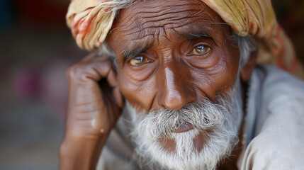 Wall Mural - Elderly Indian Man with White Beard and Traditional Turban Close Up Portrait