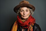 Fototapeta  - Portrait of a beautiful senior woman in a hat and scarf.
