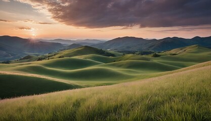 Wall Mural - A tranquil sunset over rolling green hills with lush grass in the foreground and distant mountains under a soft sky. Generative AI.