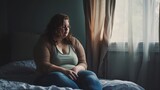 Fototapeta  - Mid aged lonely overweight woman feeling depressed and stressed sitting on the bed with sad look near a window, bullying, negative emotion and mental health concept, copy space.