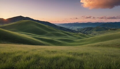 Wall Mural - A tranquil sunset over rolling green hills with lush grass in the foreground and distant mountains under a soft sky. Generative AI.