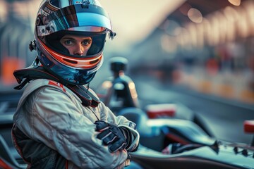 Wall Mural - A racer in a racing suit and helmet posing next to a race car