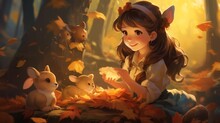 Cartoon Illustration Of A Beautiful, Cute Little Girl In The Park In Autumn In A Fictional Fairy Tale Style.