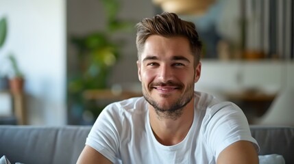 Poster - Smiling young man in a casual white t-shirt, feeling happy and comfortable at home. a lifestyle portrait with natural light. relaxed and friendly male expression. AI